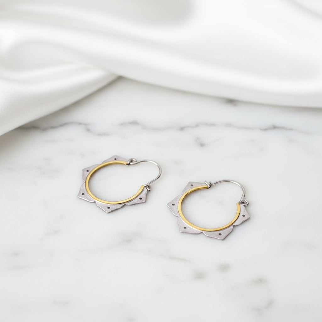 Minimalist Lotus Flower Hoop Earrings-Black Diamonds New York