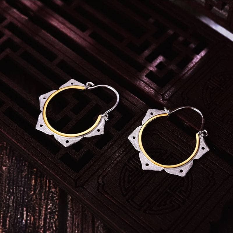 Minimalist Lotus Flower Hoop Earrings-Black Diamonds New York
