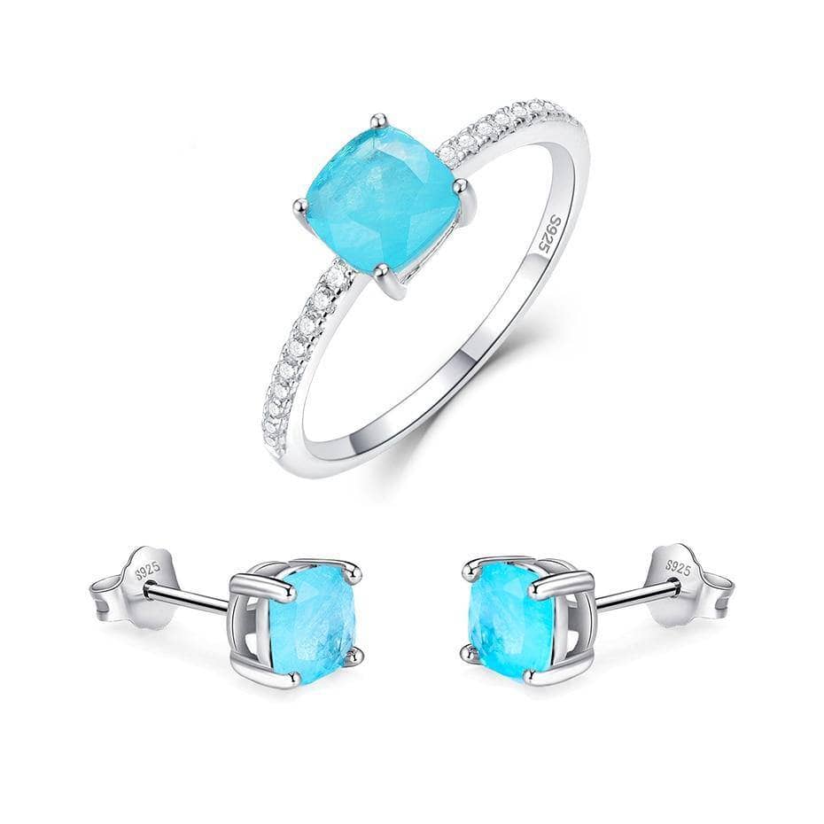 Mint Sapphire Paraiba Tourmaline Ring and Earrings Set-Black Diamonds New York