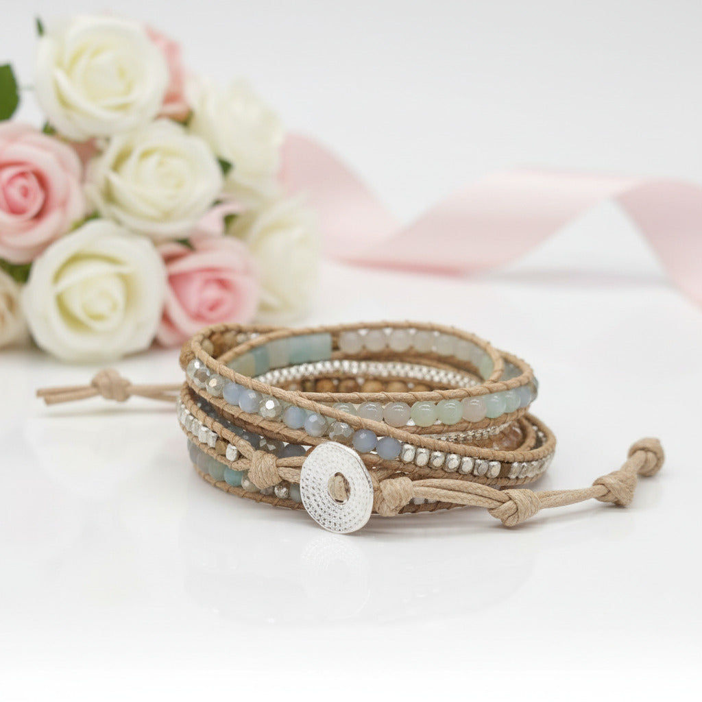 Mixed Amazonite 5 Wrap Bohemian Beadwork Bracelet-Black Diamonds New York