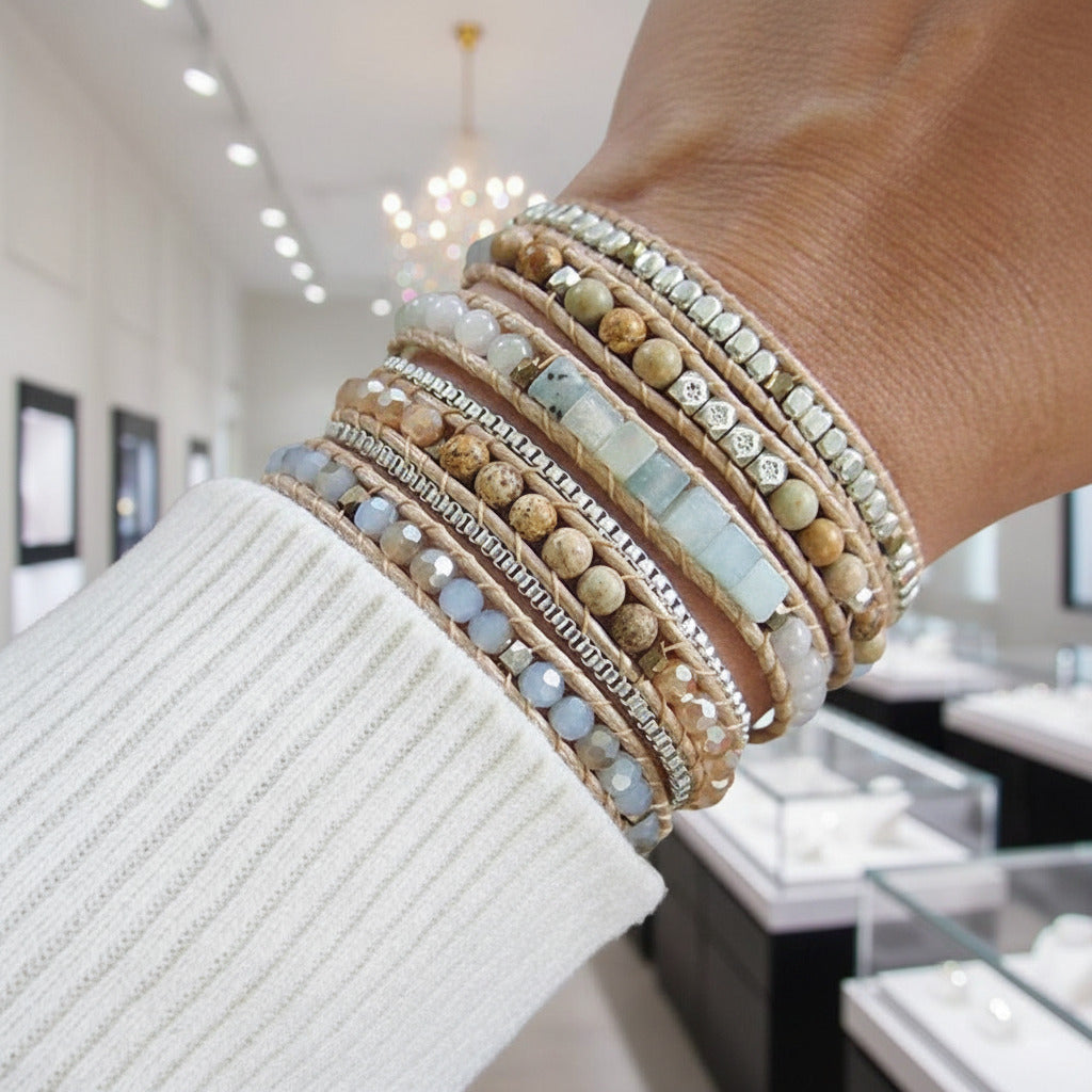 Mixed Amazonite 5 Wrap Bohemian Beadwork Bracelet-Black Diamonds New York
