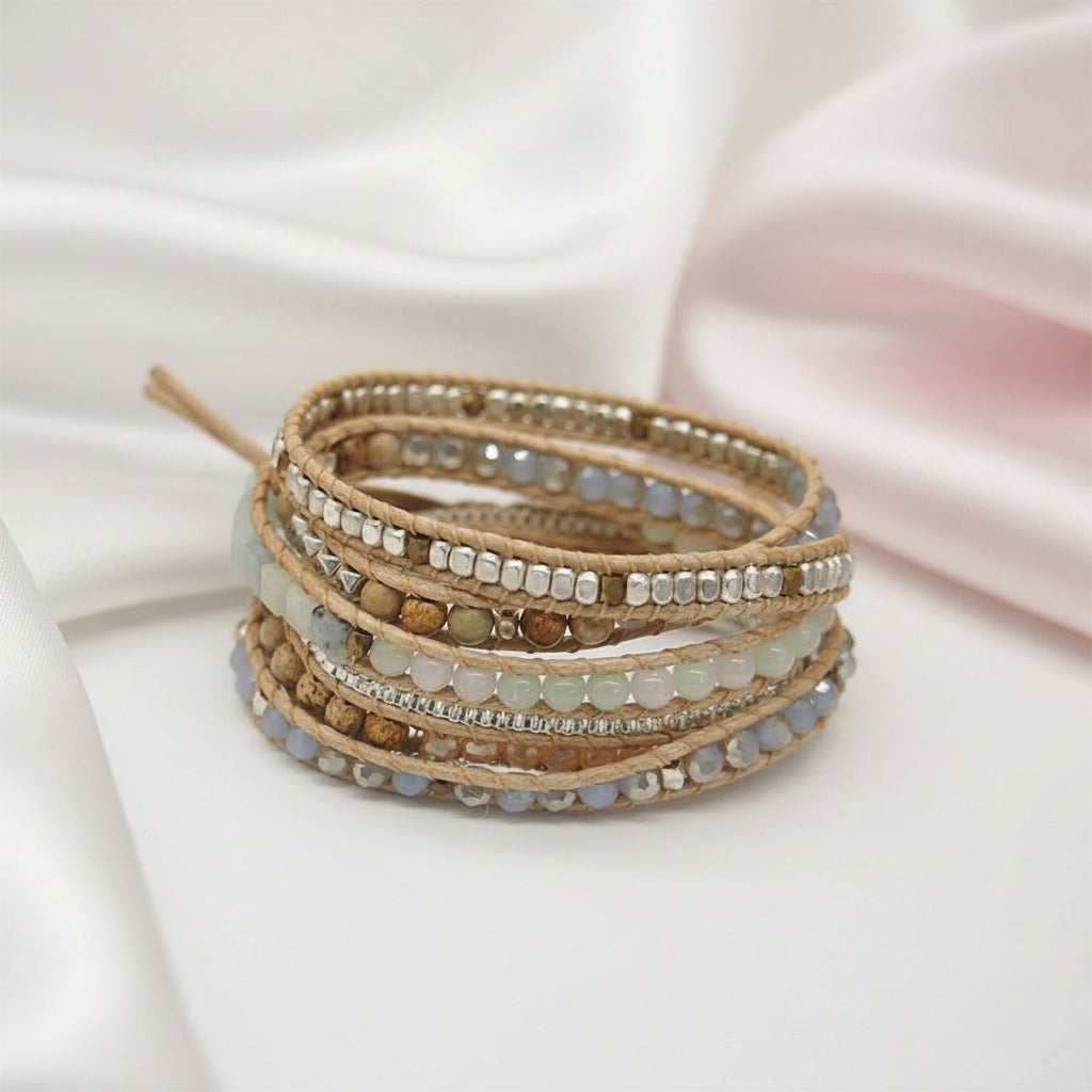 Mixed Amazonite 5 Wrap Bohemian Beadwork Bracelet-Black Diamonds New York