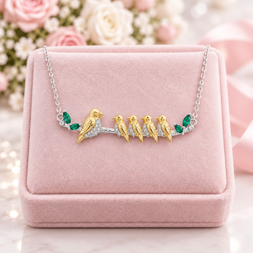 Mom and 4 Little Birds Natural Green Agate Necklace CAN NOT BE FOUND-Black Diamonds New York