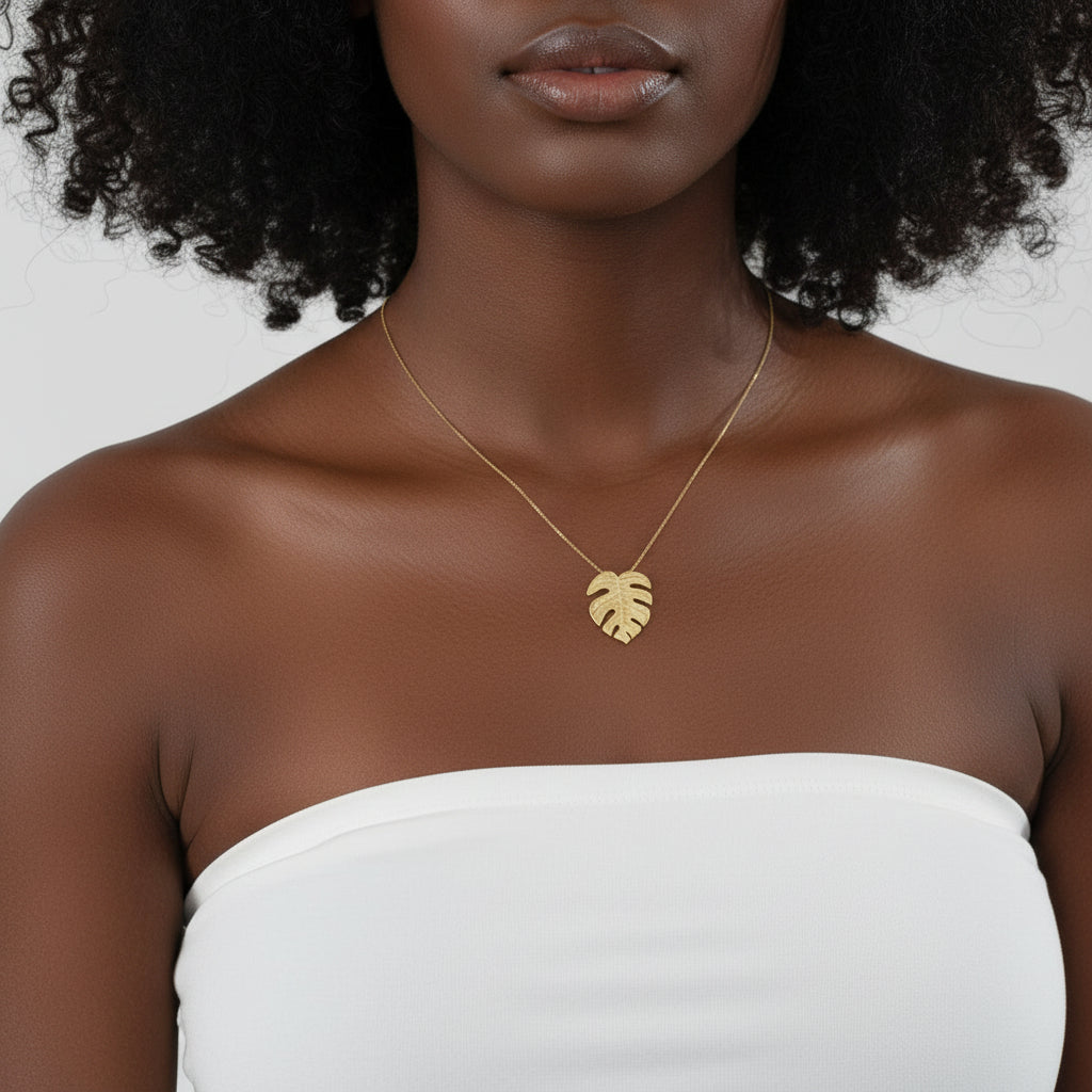 Monstera Leaf Design Necklace-Black Diamonds New York