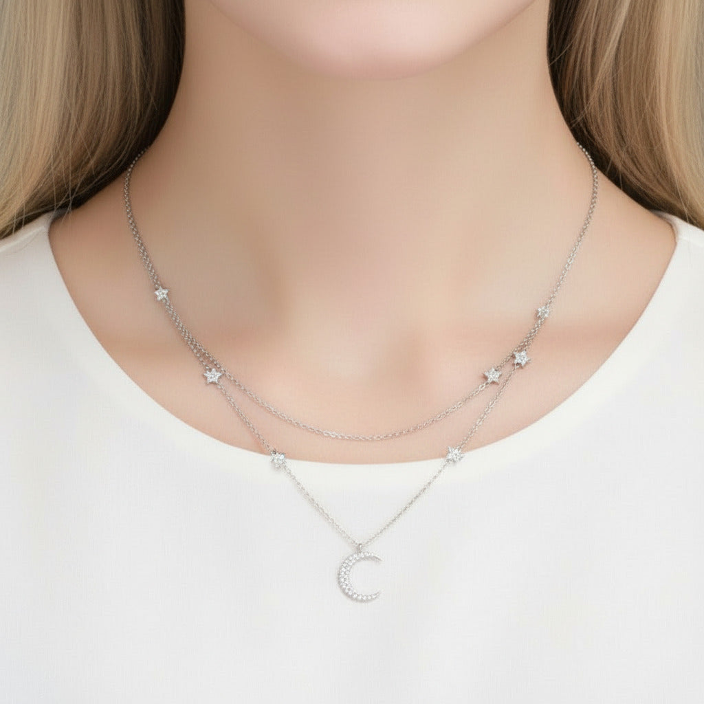 Moon & Star Double Layer Necklace-Black Diamonds New York