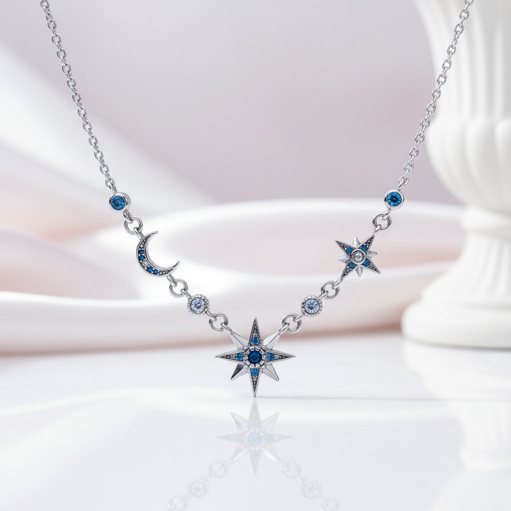 Moon & Star Link Chain Necklace-Black Diamonds New York