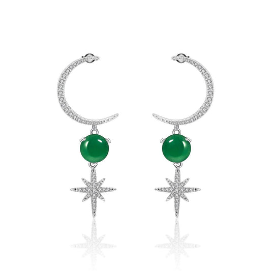 Moon Star Natural Green Agate Gemstone Drop Earrings - Black Diamonds New York