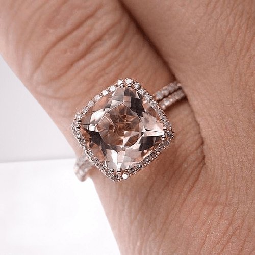 Morganite 5.0 Carat Cushion Cut Wedding Ring Set-Black Diamonds New York