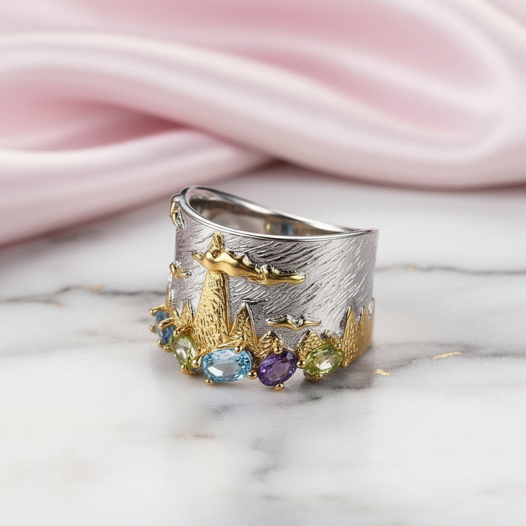 Mountain and Sky Mixed Gemstone Ring-Black Diamonds New York