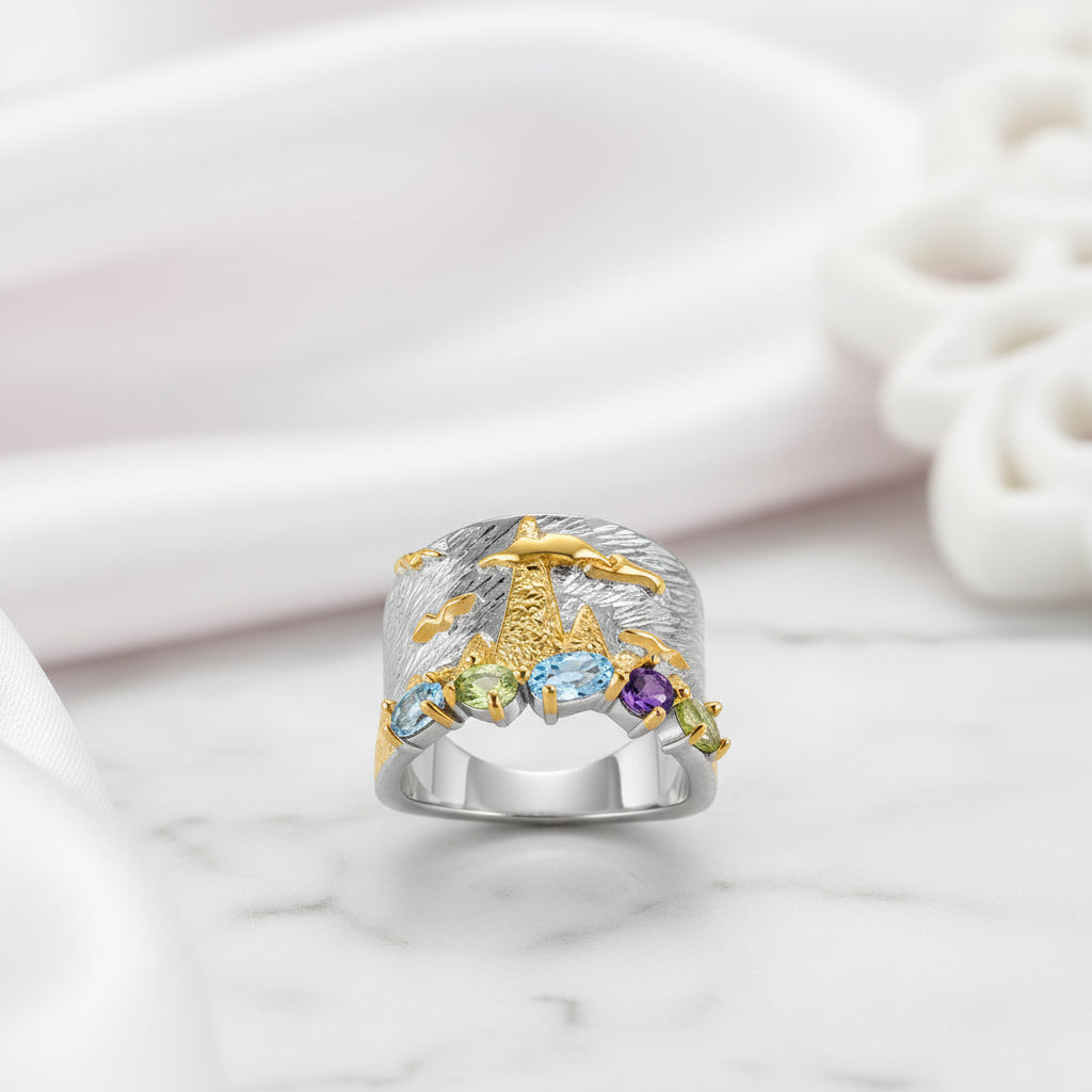 Mountain and Sky Mixed Gemstone Ring-Black Diamonds New York