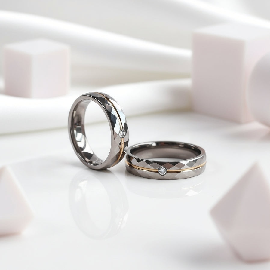 Multi-faceted Tungsten Carbide Wedding Ring Band with Diamond-Black Diamonds New York