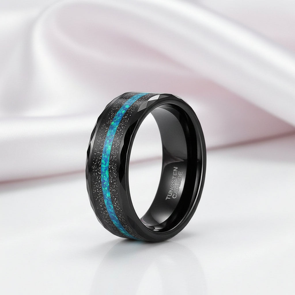 Multi-Faceted Tungsten Wedding Band with Sand and Opal Inlay-Black Diamonds New York