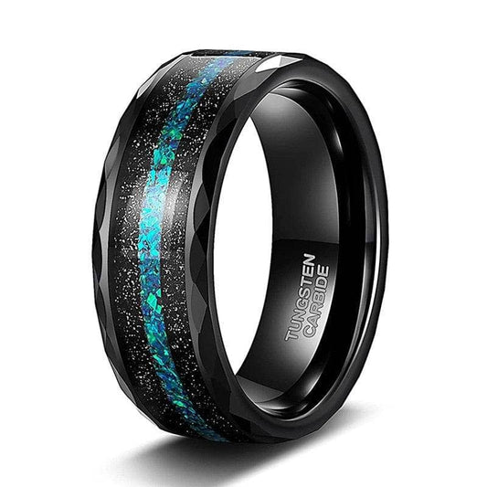 Multi-Faceted Tungsten Wedding Band with Sand and Opal Inlay-Black Diamonds New York