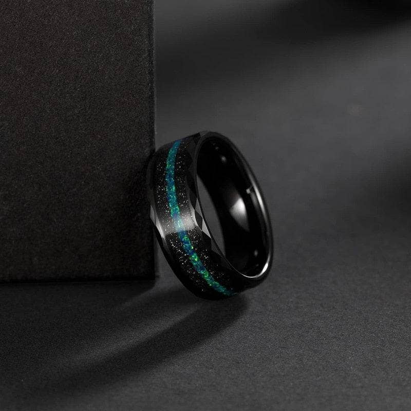 Multi-Faceted Tungsten Wedding Band with Sand and Opal Inlay-Black Diamonds New York