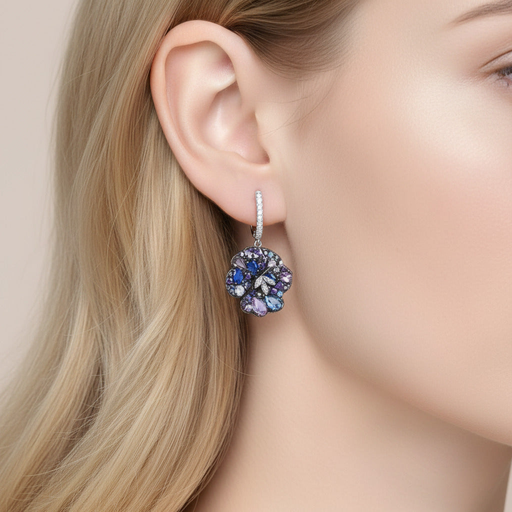 Multi-Gems Orchid Flower Drop Earrings-Black Diamonds New York