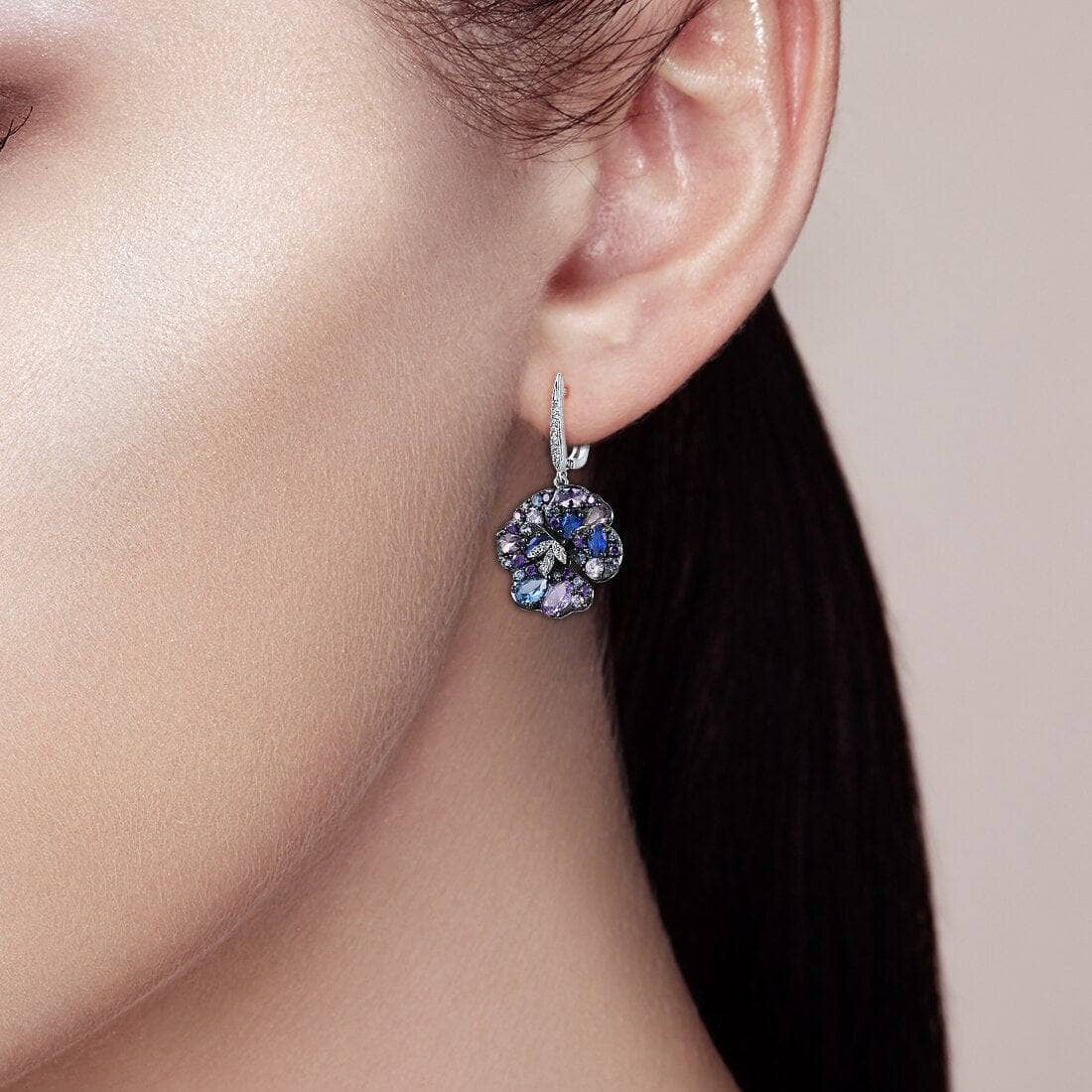 Multi-Gems Orchid Flower Drop Earrings-Black Diamonds New York