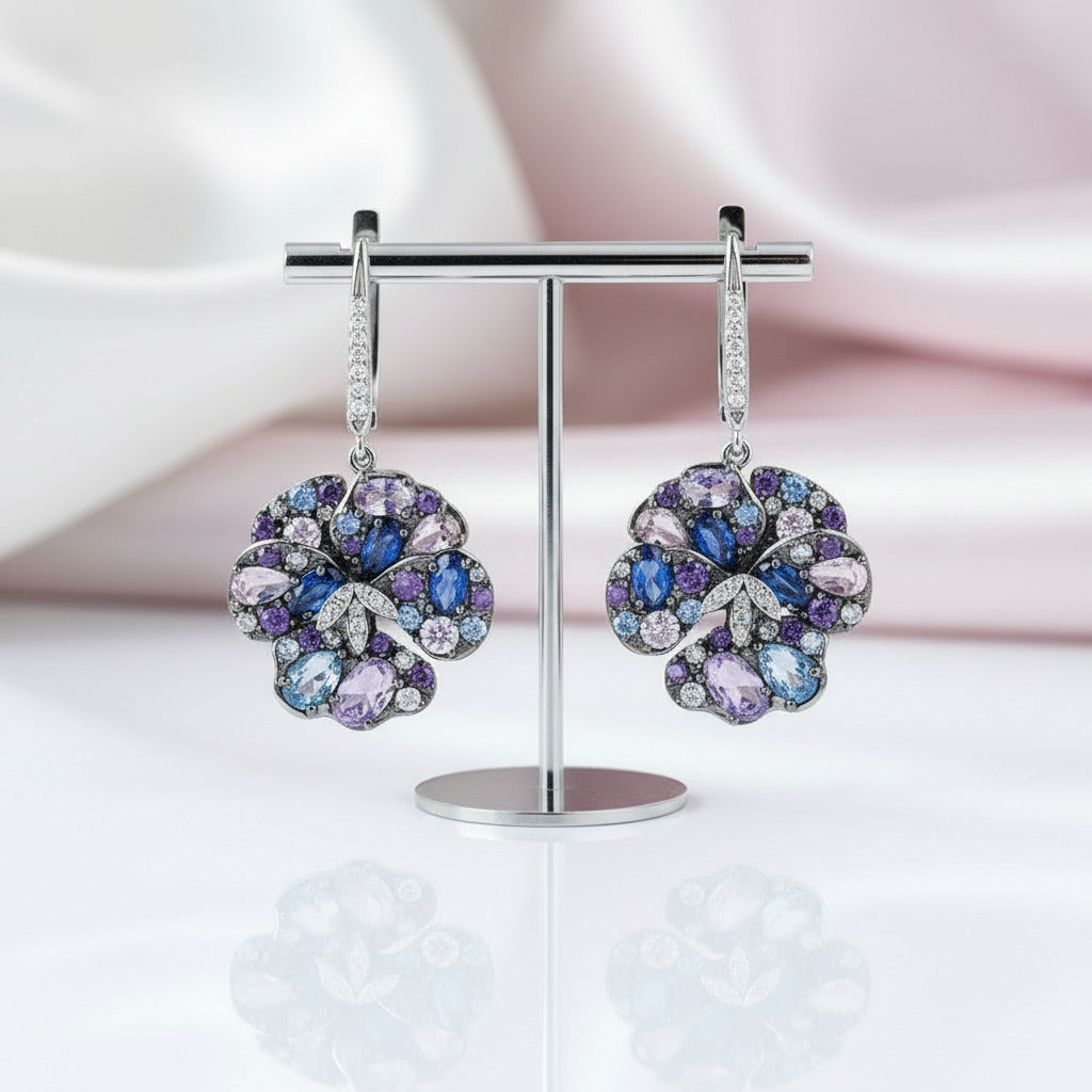 Multi-Gems Orchid Flower Drop Earrings-Black Diamonds New York