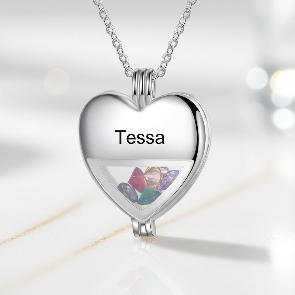 Multiple Birthstone Heart Locket Custom Name Necklace-Black Diamonds New York