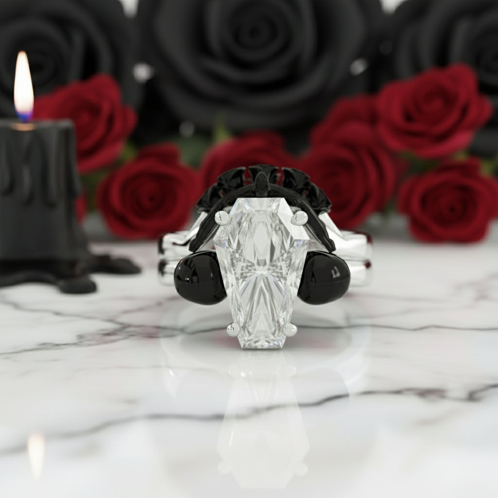 My Ever After Ring with Coffin Cut Diamond with Skulls, Bat and Roses Promise Ring-Black Diamonds New York