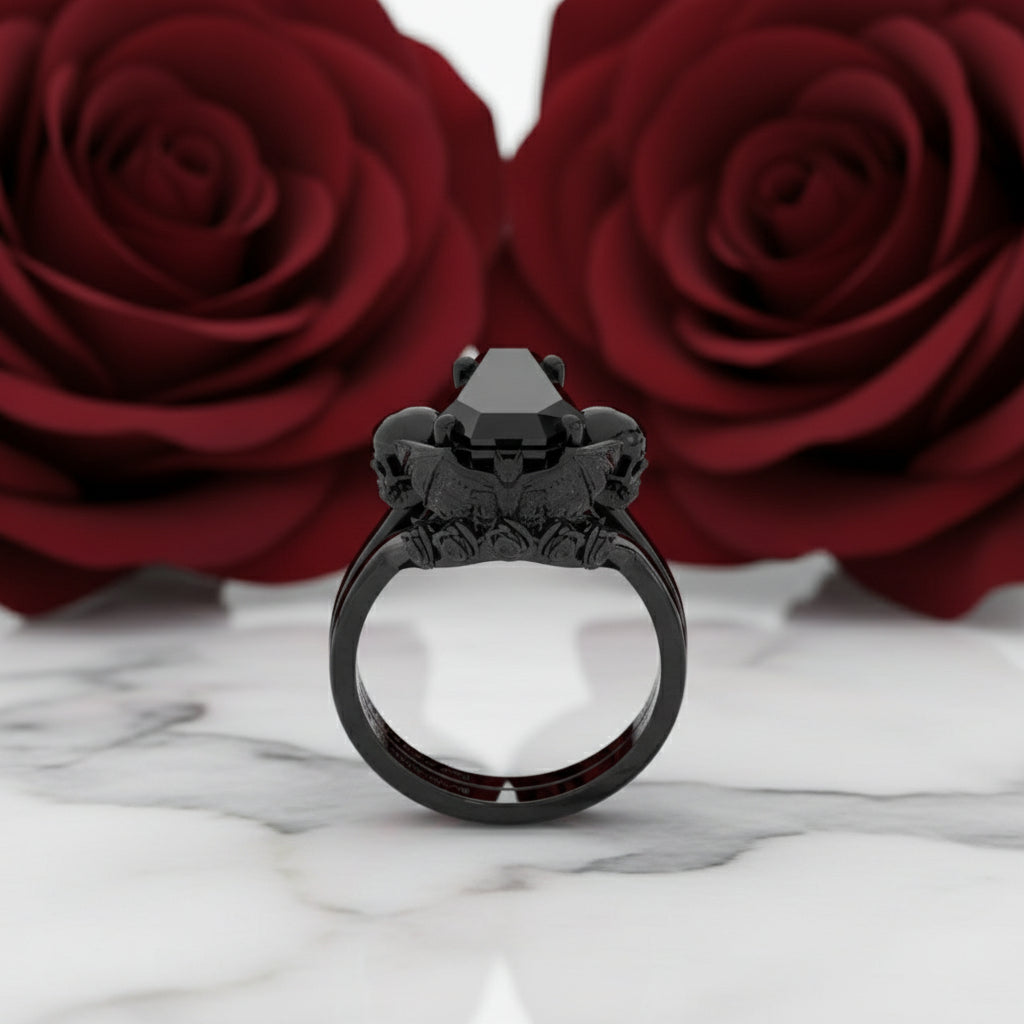 My Ever After Ring - Coffin Cut Diamond with Skulls, Bat and Roses Promise Ring-Black Diamonds New York
