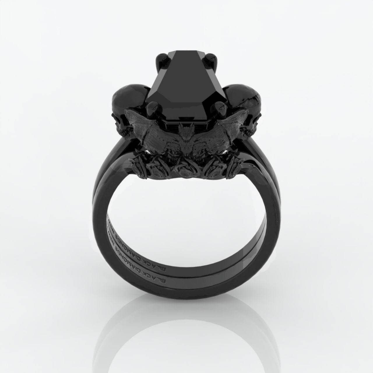My Ever After Ring- Coffin Cut Diamond with Skulls, Bat and Roses Promise Ring-Black Diamonds New York