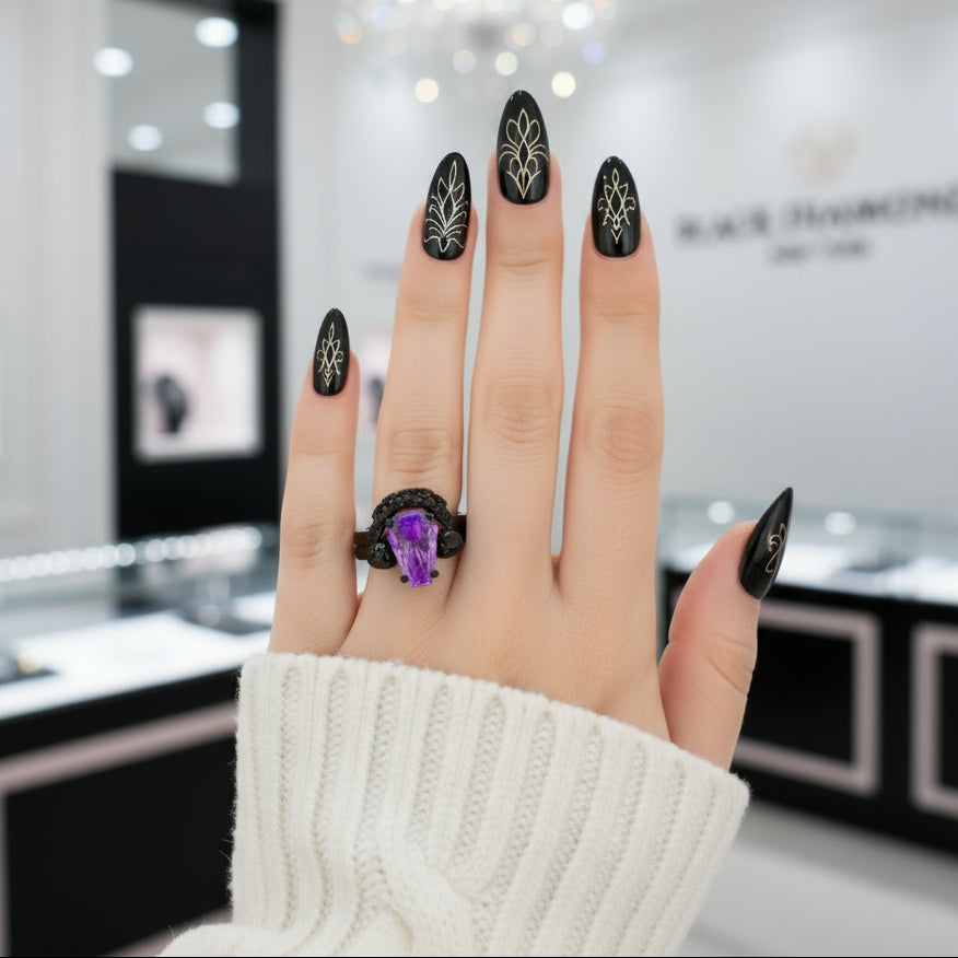 My Ever After Ring with Coffin Cut Diamond Option with Skulls, Bat and Roses Promise Ring-Black Diamonds New York