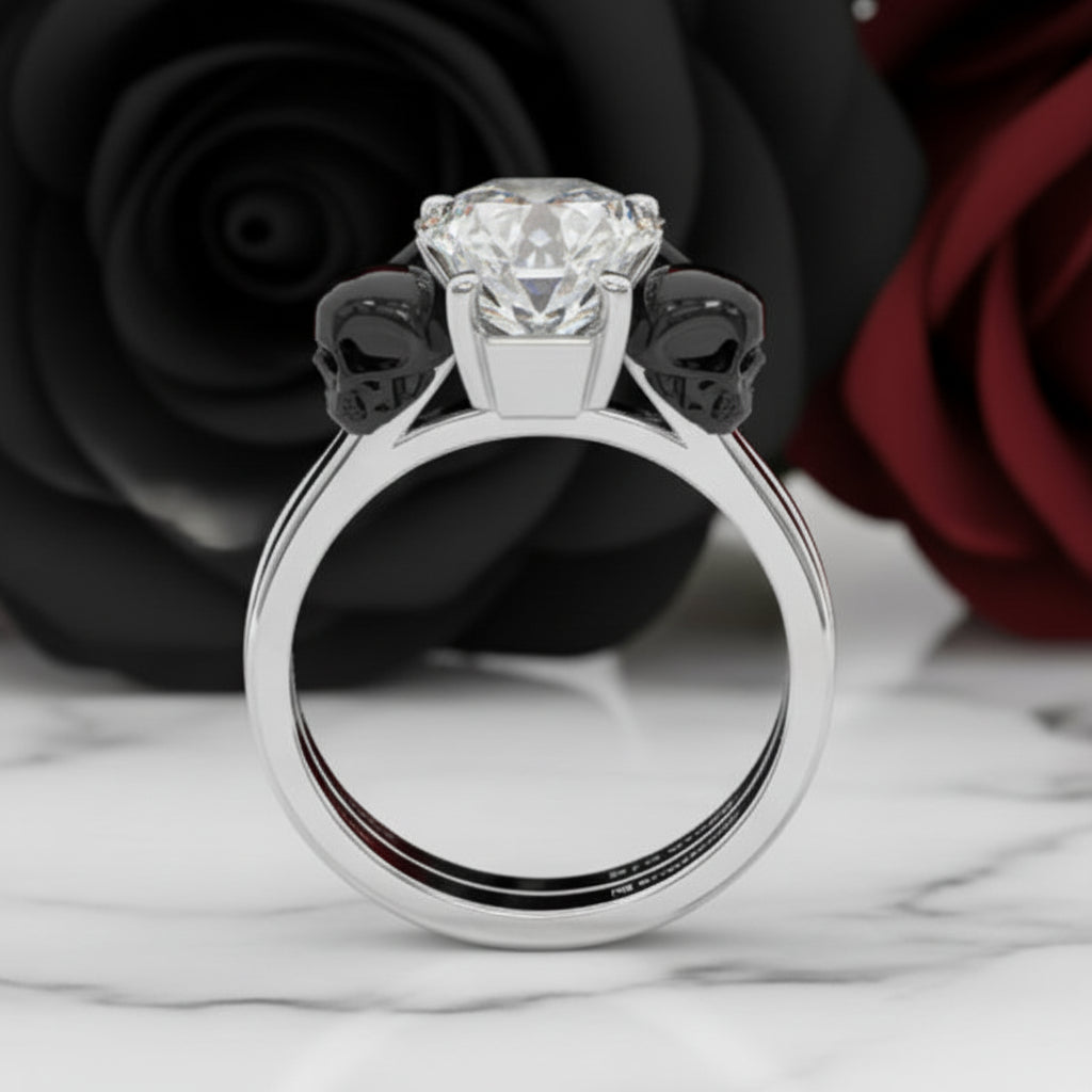 My Ever After Ring with Coffin Cut Diamond Option with Skulls, Bat and Roses Promise Ring-Black Diamonds New York