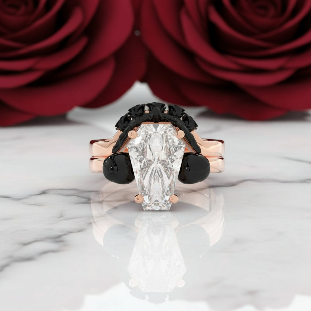 My Ever After Ring - Coffin Cut Diamond with Skulls, Bat and Roses Promise Ring-Black Diamonds New York