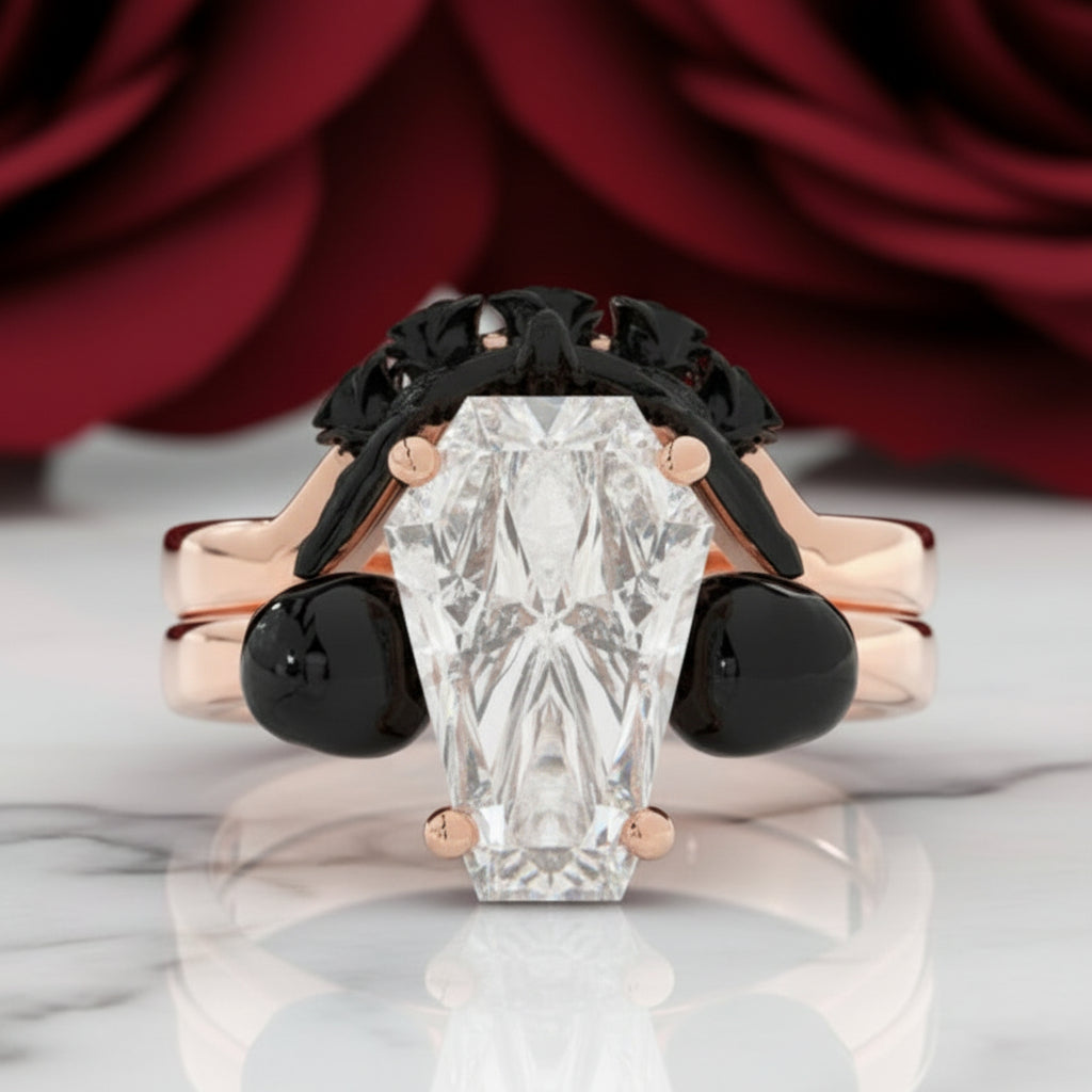 My Ever After Ring - Coffin Cut Diamond Option with Skulls, Bat and Roses Promise Ring-Black Diamonds New York