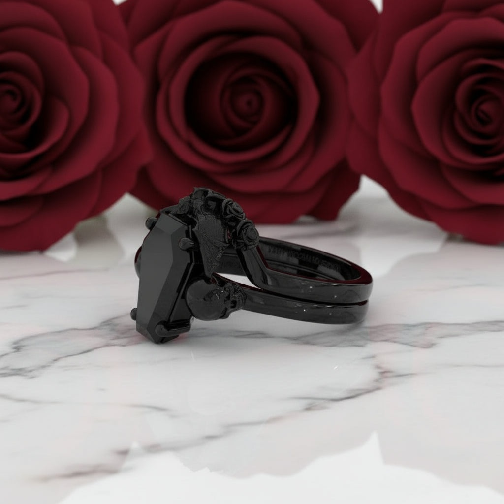 My Ever After Ring - Coffin Cut Diamond with Skulls, Bat and Roses Promise Ring-Black Diamonds New York