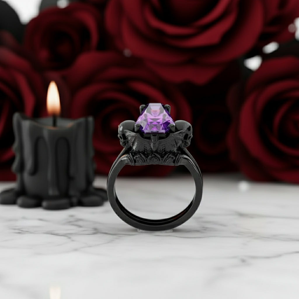 My Ever After Ring - Coffin Cut Diamond with Skulls, Bat and Roses Promise Ring-Black Diamonds New York