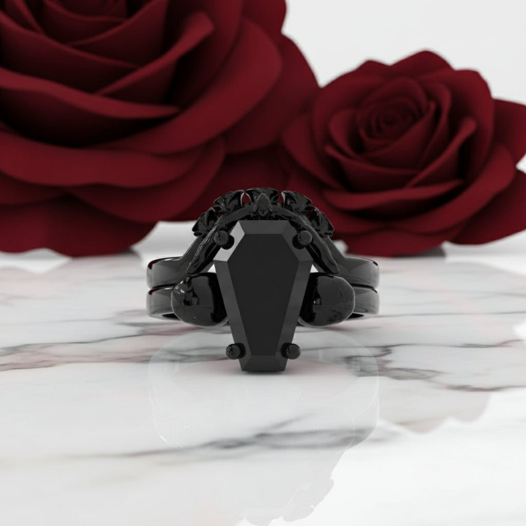 My Ever After Ring - Coffin Cut Diamond with Skulls, Bat and Roses Promise Ring-Black Diamonds New York