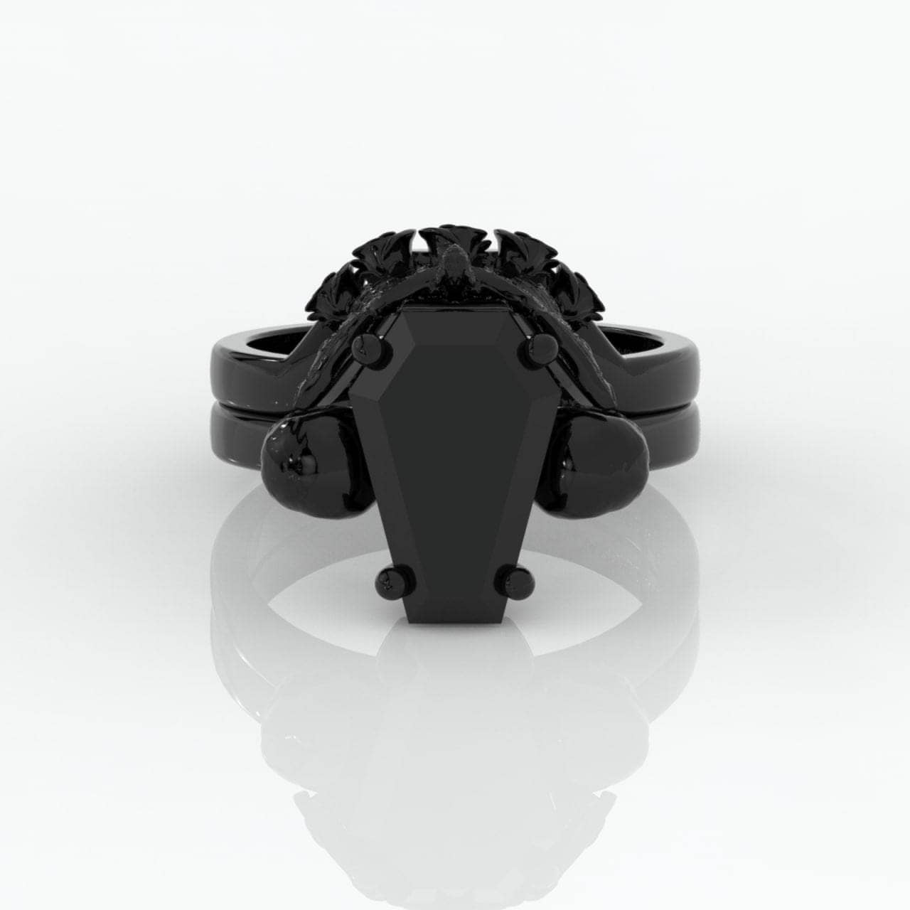 My Ever After Ring- Coffin Cut Moissanite with Skulls, Bat and Roses Promise Ring-Black Diamonds New York