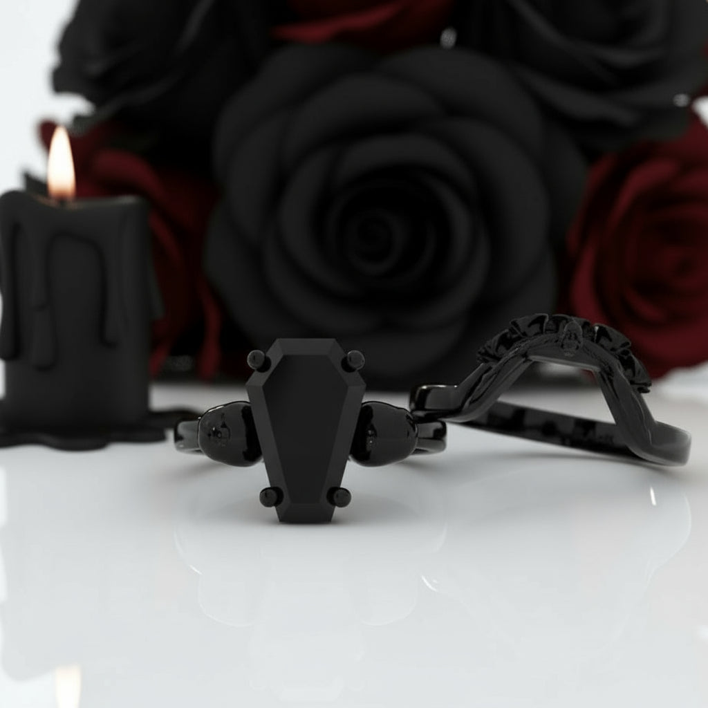 My Ever After Ring - Coffin Cut Diamond with Skulls, Bat and Roses Promise Ring-Black Diamonds New York