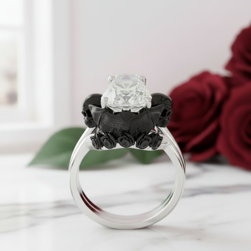 My Ever After Ring with Coffin Cut Diamond with Skulls, Bat and Roses Promise Ring-Black Diamonds New York