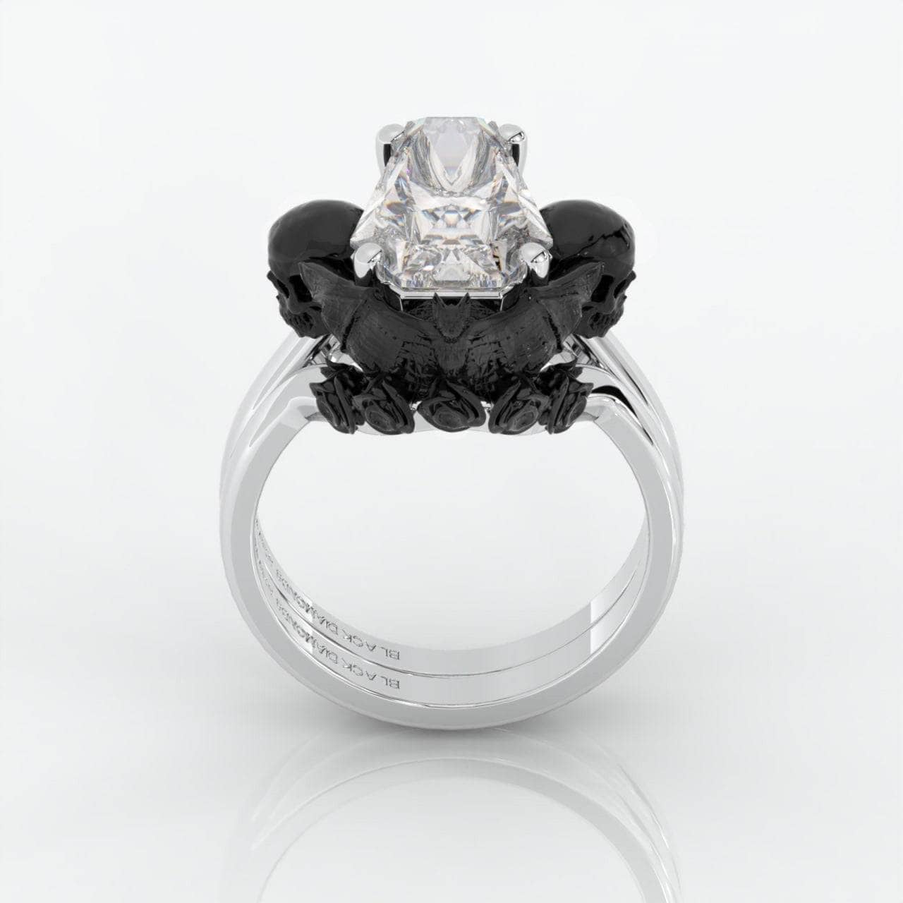 My Ever After Ring- Coffin Cut Moissanite with Skulls, Bat and Roses Promise Ring-Black Diamonds New York