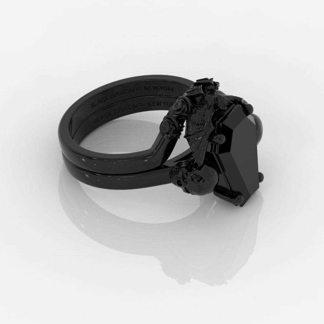 My Ever After Ring- Coffin Cut Diamond with Skulls, Bat and Roses Promise Ring-Black Diamonds New York