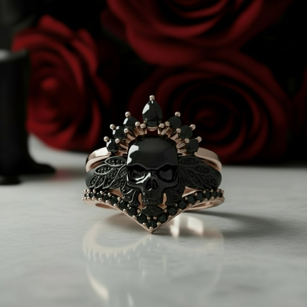 My Queen- 3pc Rose Gold Black Diamond Option Gothic Ring-Black Diamonds New York