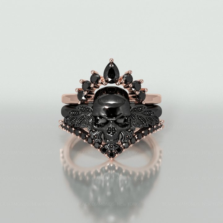 My Queen- 3pc Rose Gold Black Moissanite Gothic Ring - Black Diamonds New York