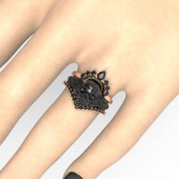 3pc Rose Gold Black Diamond Gothic Ring - My Queen-Black Diamonds New York