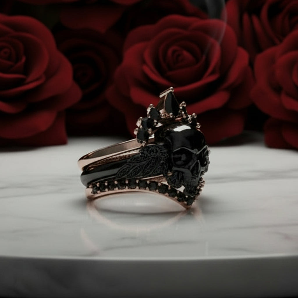 3pc Rose Gold Black Diamond Gothic Ring - My Queen-Black Diamonds New York