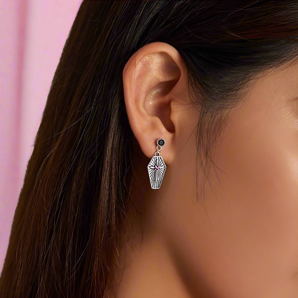 Mysterious Rose Butterfly & Coffin Gothic Earrings-Black Diamonds New York