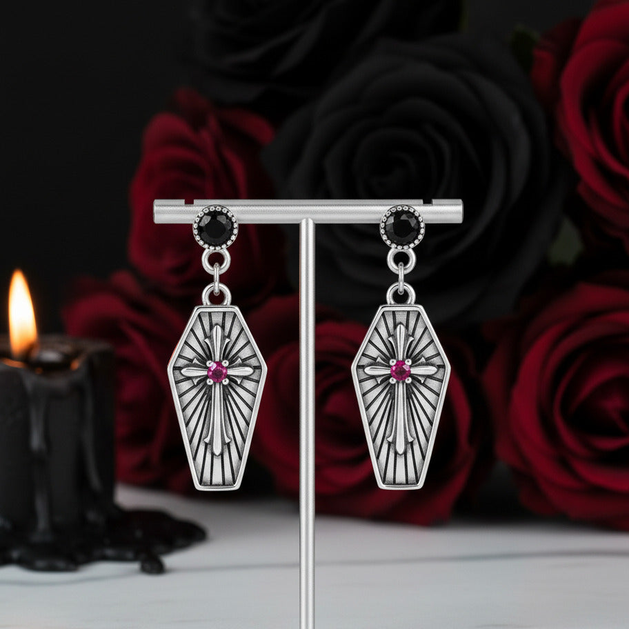Mysterious Rose Butterfly & Coffin Gothic Earrings-Black Diamonds New York