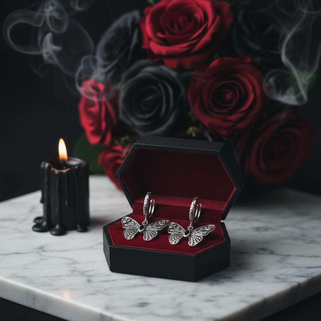 Mysterious Rose Butterfly & Coffin Gothic Earrings-Black Diamonds New York
