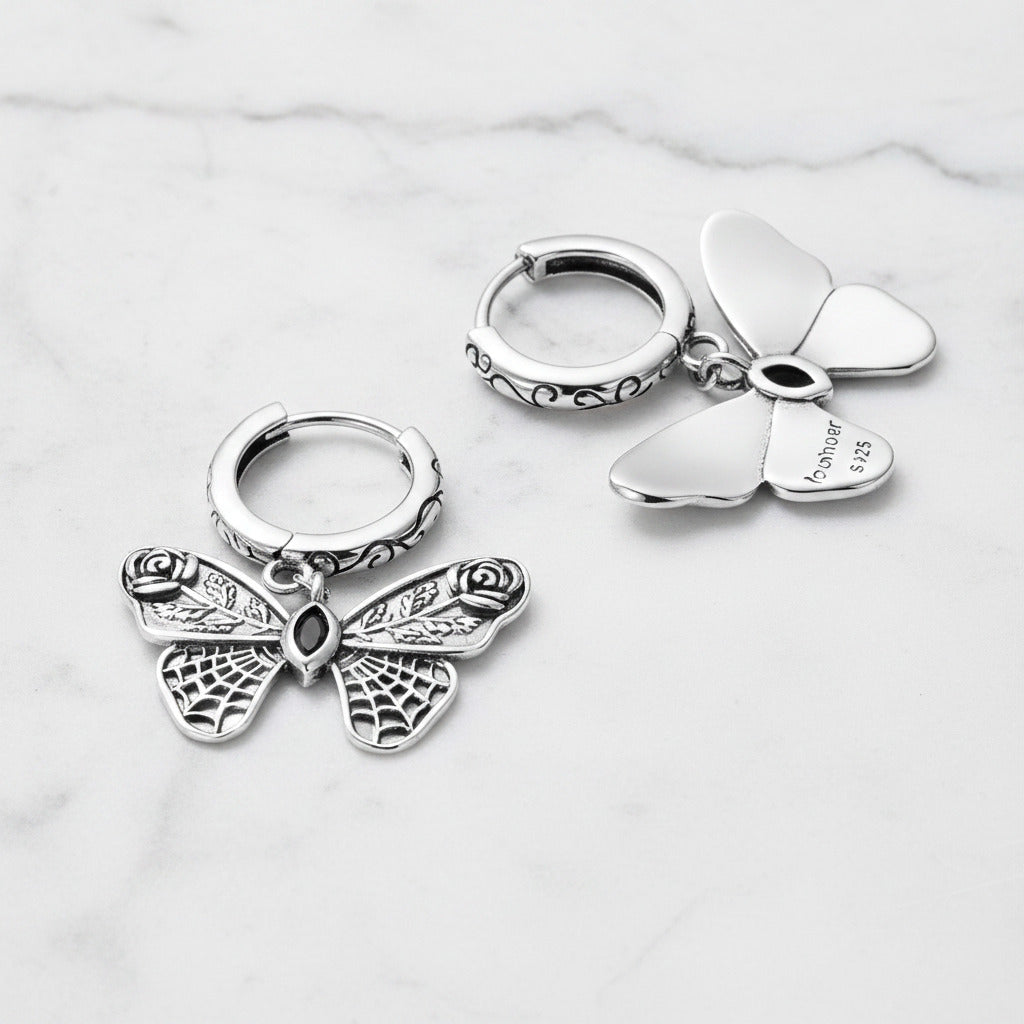 Mysterious Rose Butterfly & Coffin Gothic Earrings-Black Diamonds New York