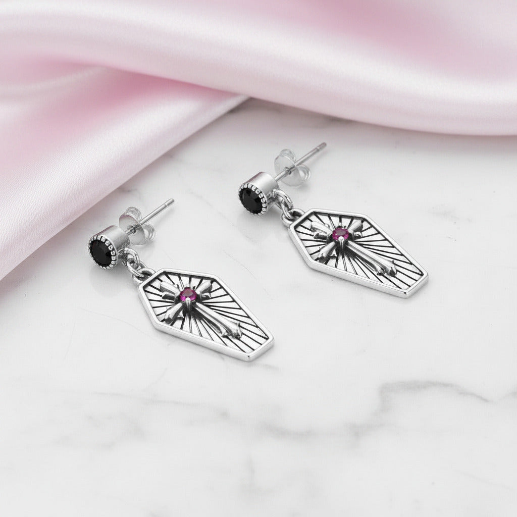 Mysterious Rose Butterfly & Coffin Gothic Earrings-Black Diamonds New York