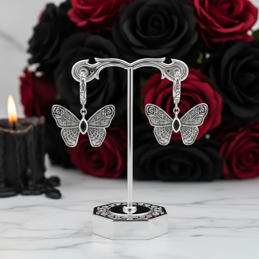 Mysterious Rose Butterfly & Coffin Gothic Earrings-Black Diamonds New York