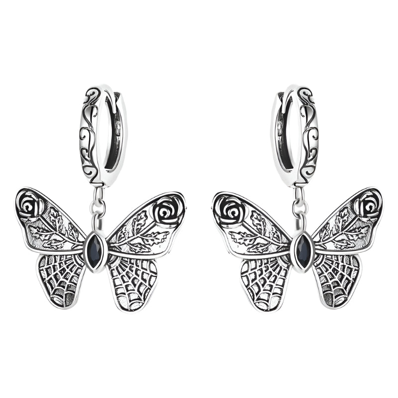 Mysterious Rose Butterfly & Coffin Gothic Earrings-Black Diamonds New York
