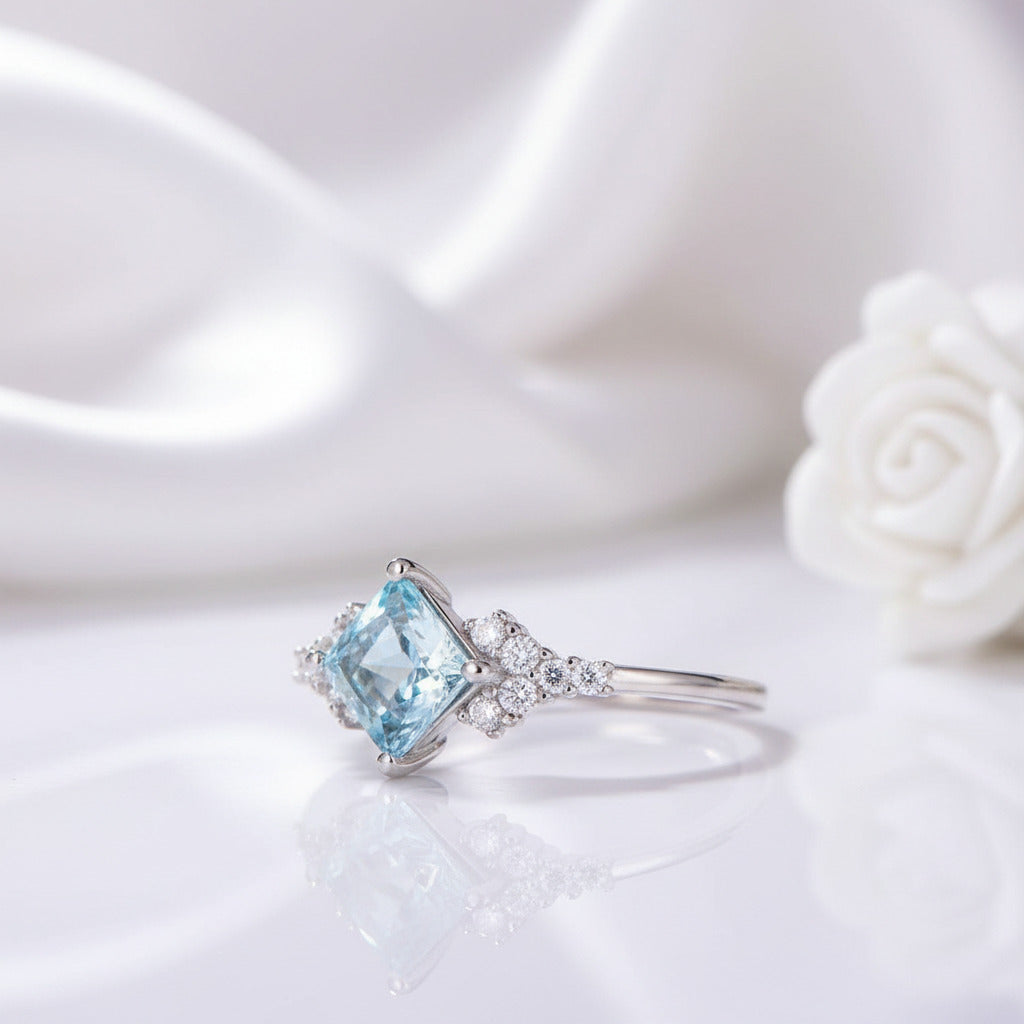 Nano Sky Blue Topaz Stone Engagement Ring-Black Diamonds New York