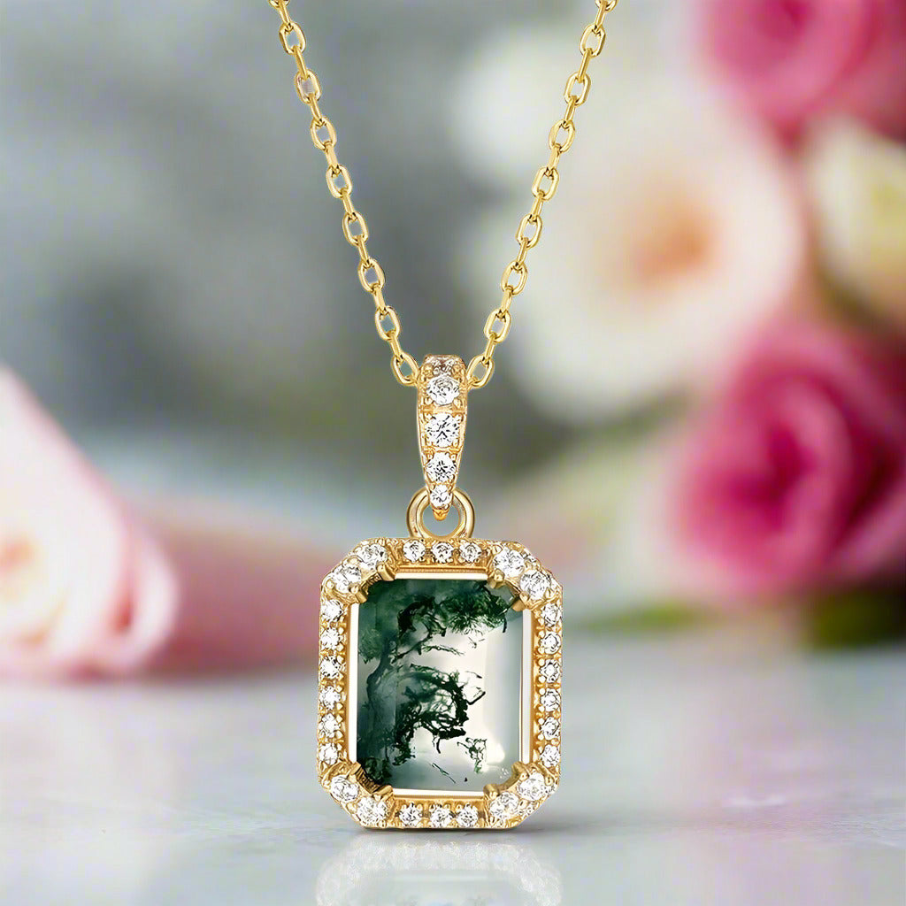 Natural 7*9mm Green Moss Agate Necklace-Black Diamonds New York